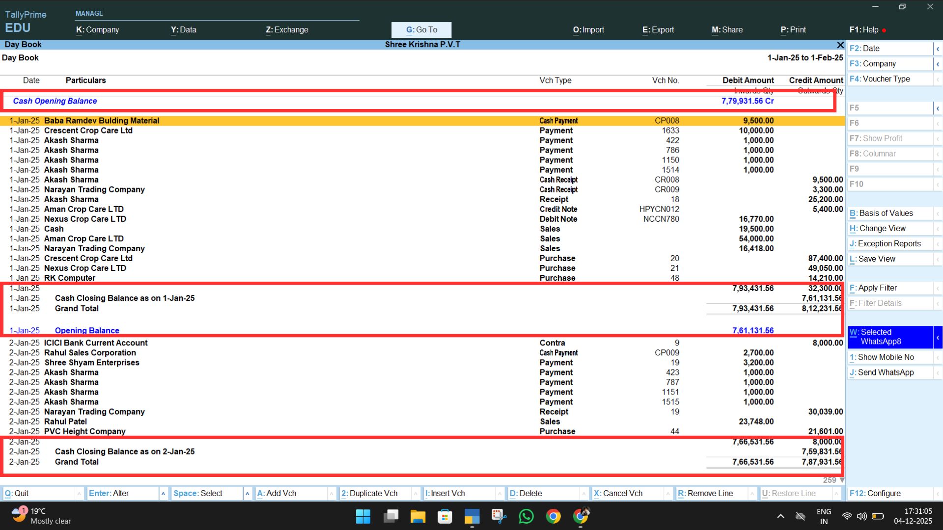 Cash Closing in Day Book